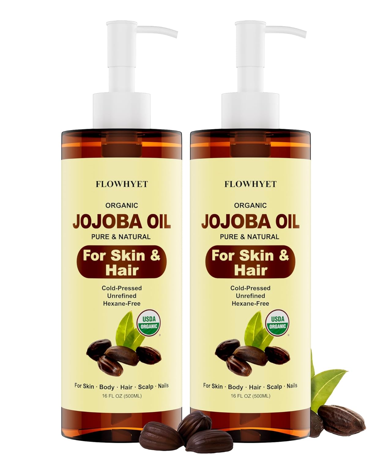 Jojoba Oil Organic Cold Pressed, USDA Certified, 16 fl oz 2 Pack (32 fl oz), 100% Pure Jojoba Carrier Oil for Skin, Hair, Face, Body, Scalp & Nails, Unrefined, Hexane-Free