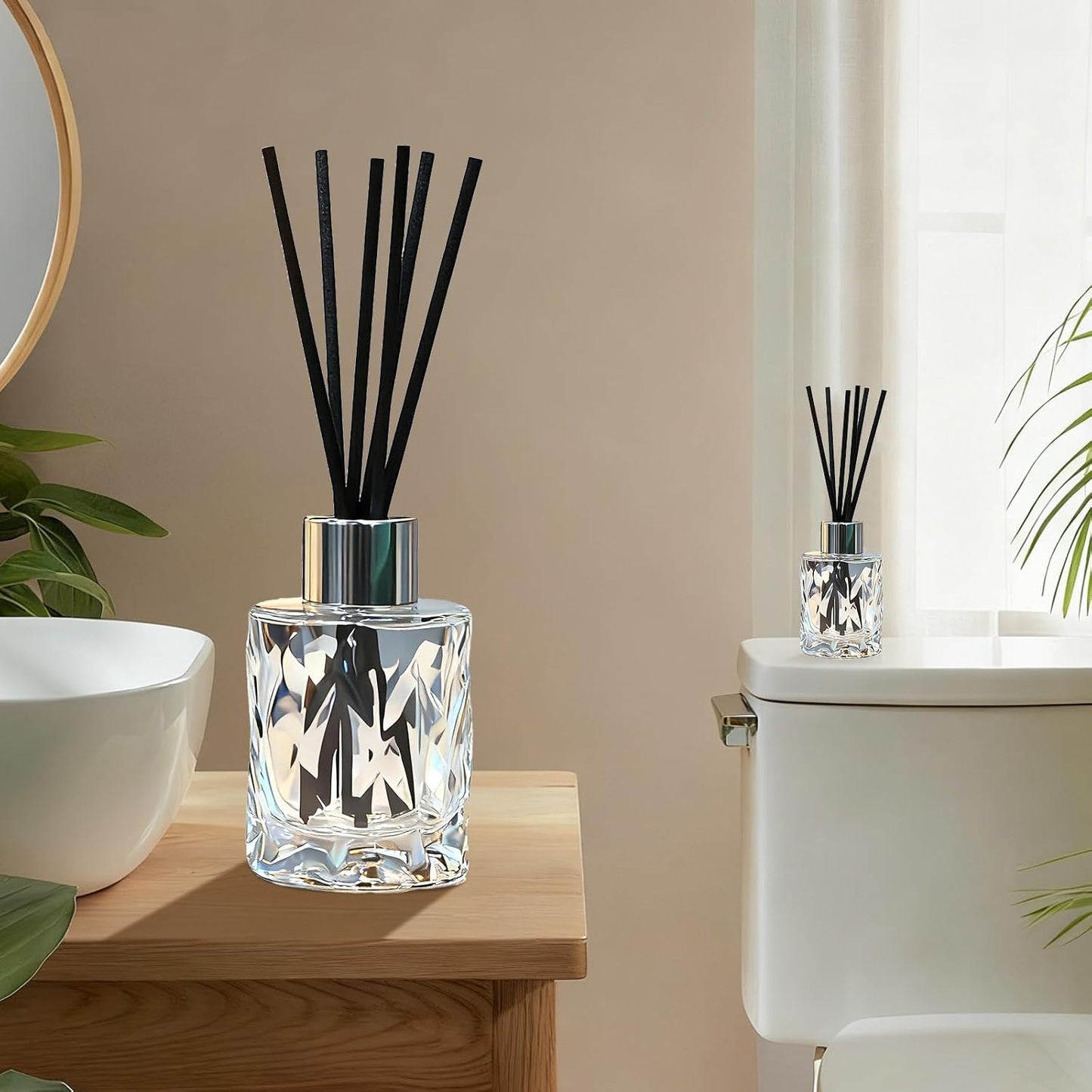 Glass Diffuser Bottles Irregular Surface with Silver Caps Refillable Diffuser Bottles Set of 4-3.1" High, 50ml 1.7 fl oz. Diffuser Jars for Home Fragrance