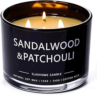 Sandalwood & Patchouli Scented Candle, Luxury Large 3 Wick Soy Candle 12 Oz, 60+ Hour Long Lasting Clean Burn, Elegant Aromatherapy Home Decor, Housewarming & Birthday Gift for Men & Women