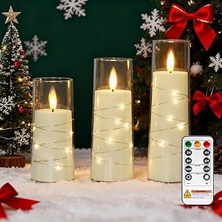 Raycare Flameless Candle with Remote Timer, 3 Flickering Acrylic Battery Operated LED Pillar Candles with Embedded Star String for Christmas, Wedding, Home Table Decor, and as a Gift (Ivory White)