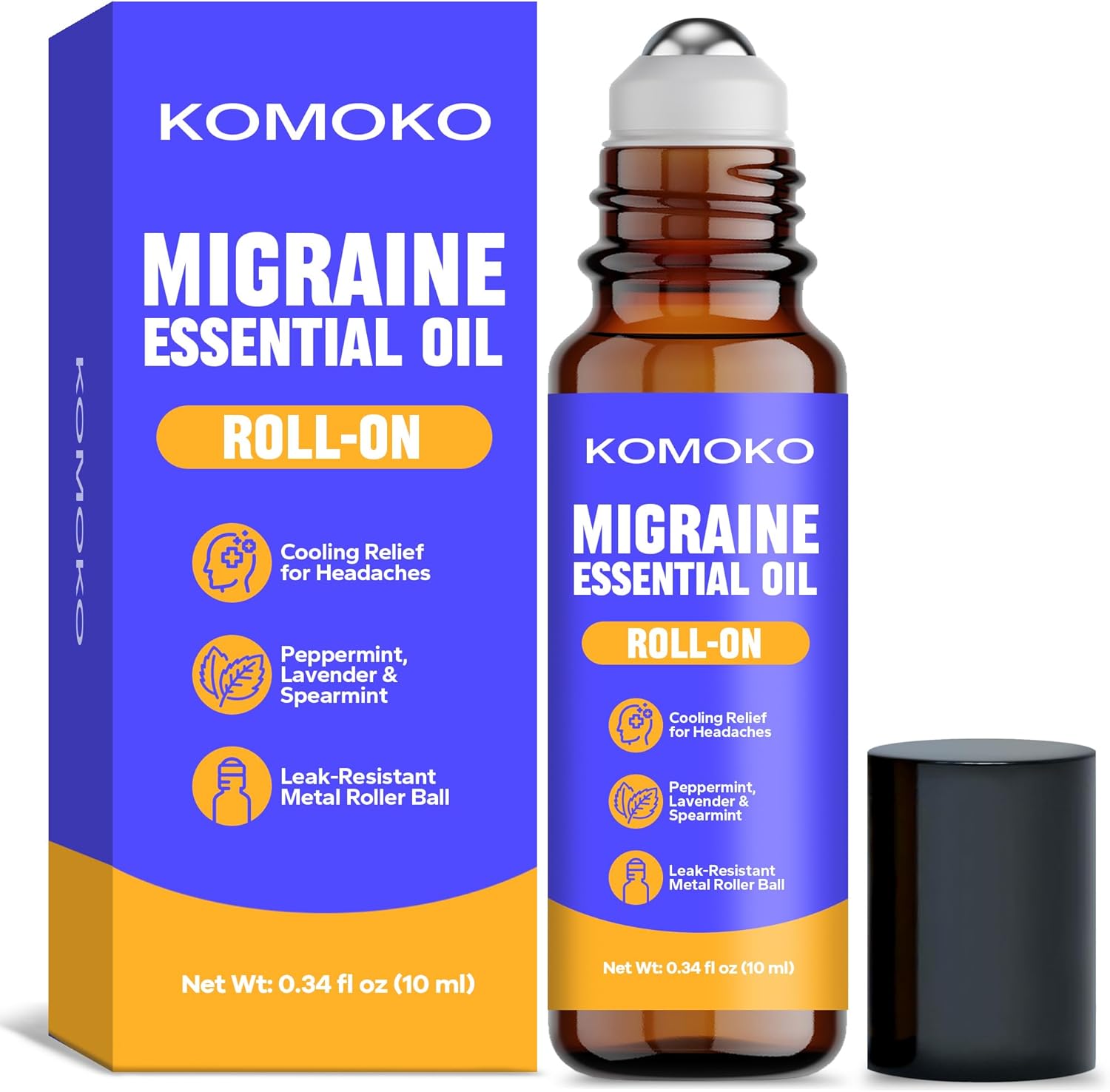 Komoko Migraine Essential Oil Roll-On (0.34 Fl Oz), Soothing Scented Roller for Headache Support, Natural Aromatherapy Essential Oil Roll-On with Coconut, Peppermint, Rosemary & Lavender Oils