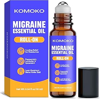 Komoko Migraine Essential Oil Roll-On (0.34 Fl Oz), Soothing Scented Roller for Headache Support, Natural Aromatherapy Essential Oil Roll-On with Coconut, Peppermint, Rosemary & Lavender Oils