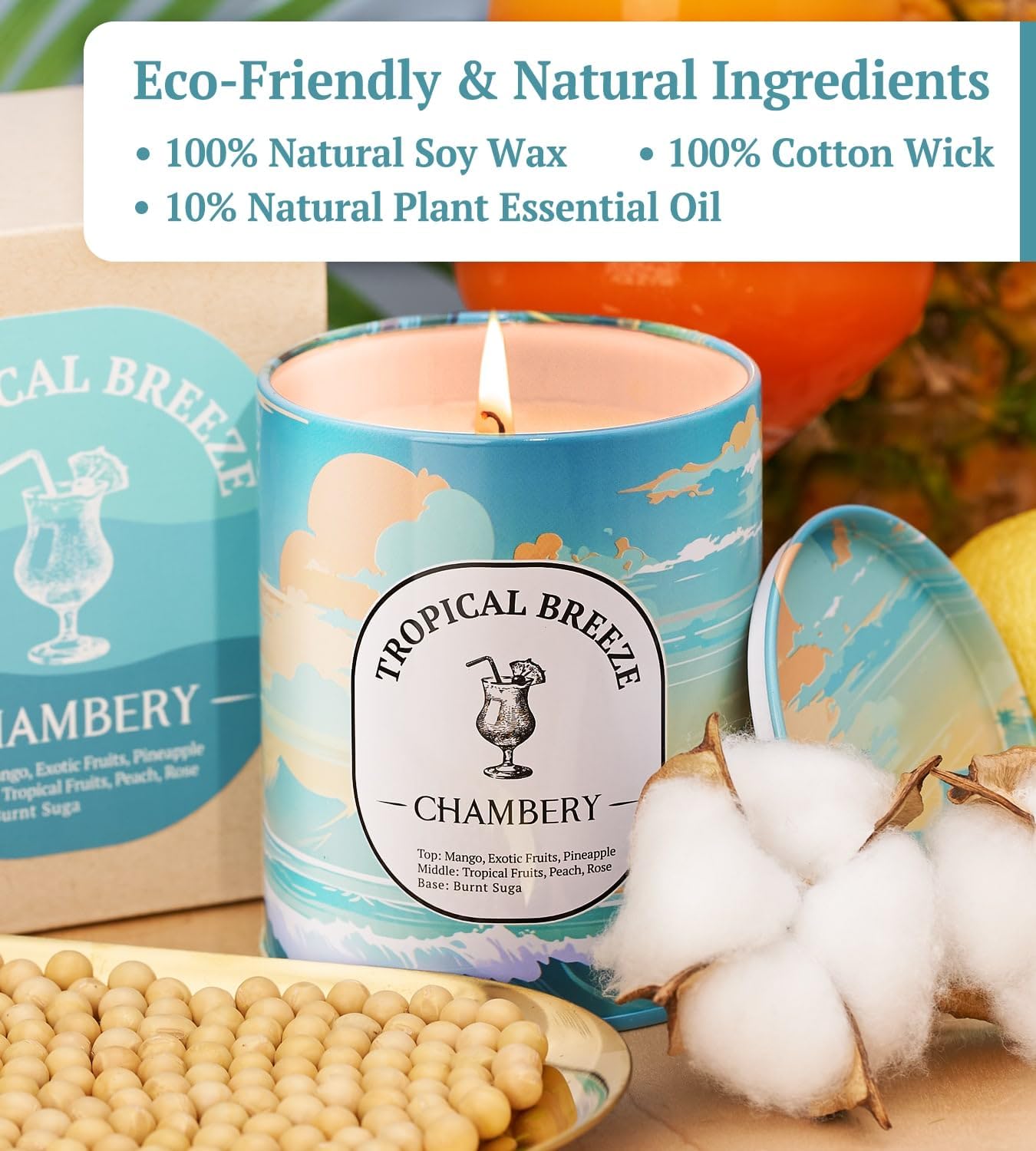 Tropical Breeze Candle 9.17oz | Serene British Virgin Islands Scene in Premium Tin | Lively Fruity Fragrance for Summer | Soy Wax with Lead-Free Cotton Wick | 55-Hour Burn