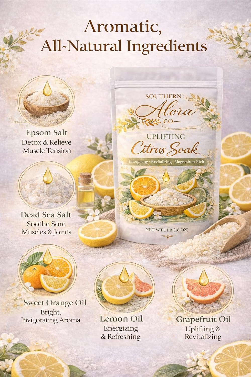 Bath Salts for Women Relaxing – Magnesium Bath Soak with Epsom Salts for Bath & Dead Sea Salt – Aromatherapy Citrus Bath Salts with Orange Lemon Grapefruit – Relaxing Spa Bath Soak – 1 lb
