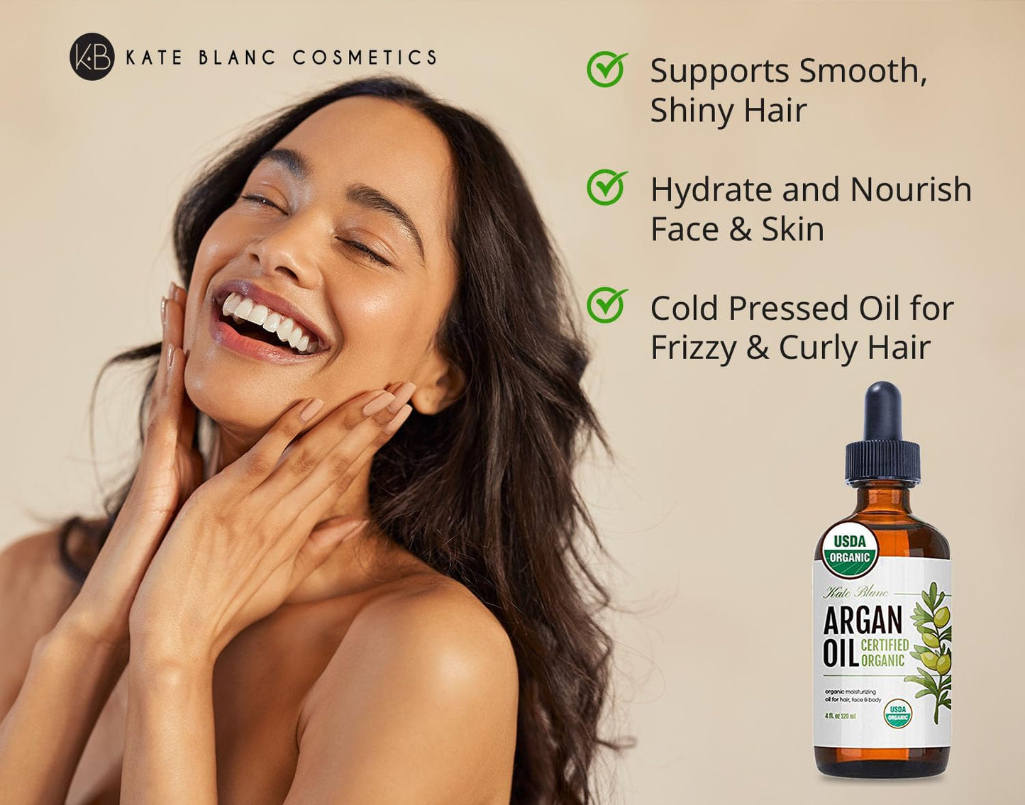 Kate Blanc Cosmetics Argan Oil for Hair, Face & Skin from Morocco (4oz, USDA Certified Organic, Cold Pressed & 100% Pure, Light)
