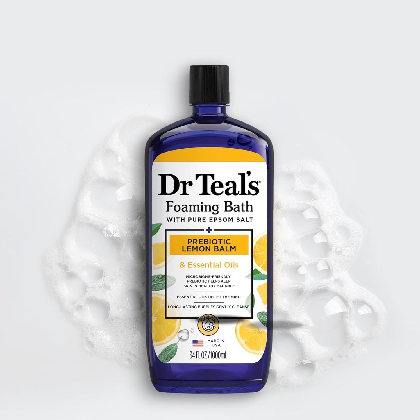 Dr Teal's Foaming Bath with Pure Epsom Salt, Prebiotic Lemon Balm & Essential Oils, 34 fl oz (Pack of 4)