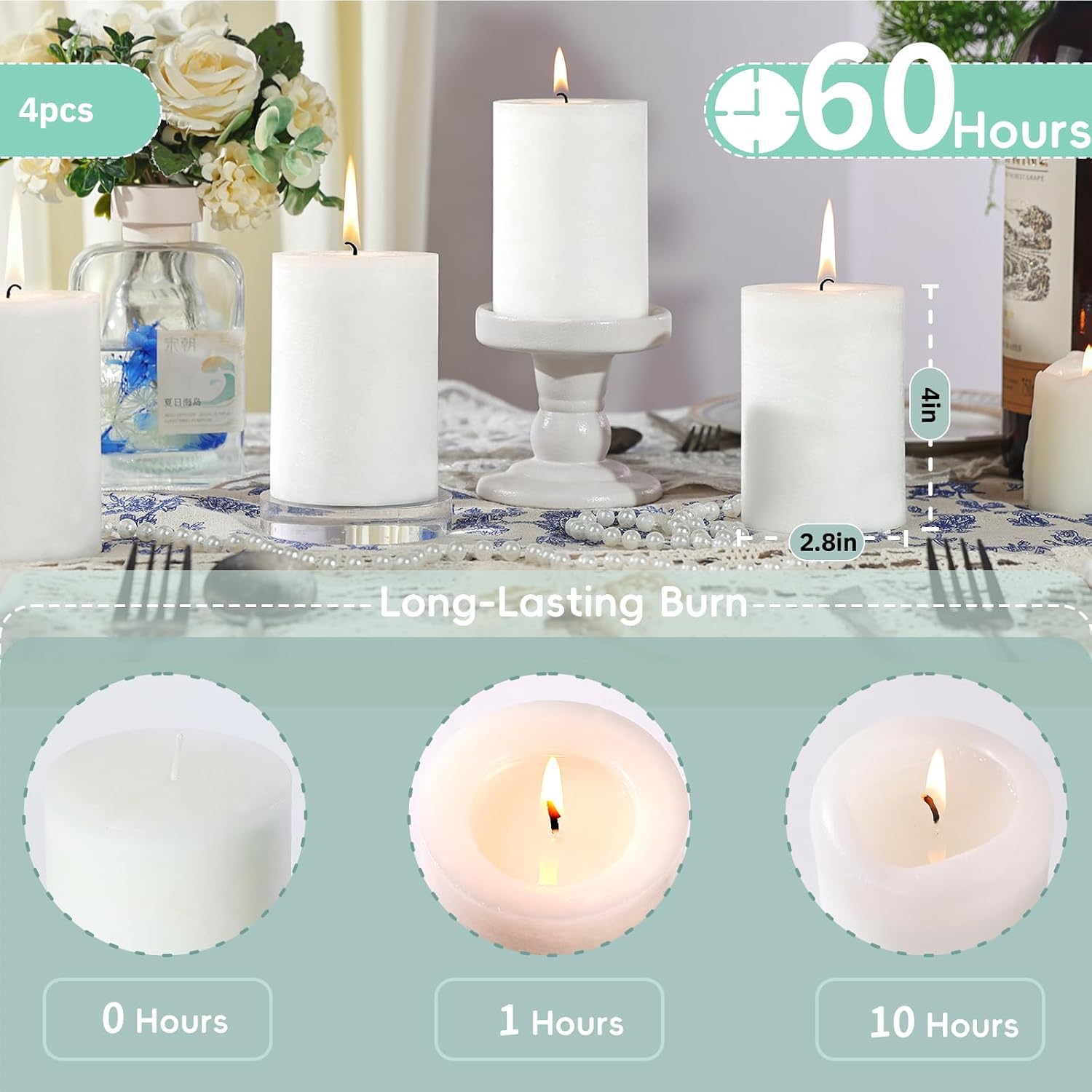 4 Pcs White Orange Vanilla Scented Pillar Candles, 60H Long-Lasting Burn,2.8x4in,Non-Toxic Smokeless,Warm Cozy Aromatherapy for Home Ambience/Relaxation,Ideal Gift for Birthday/Valentine's Day