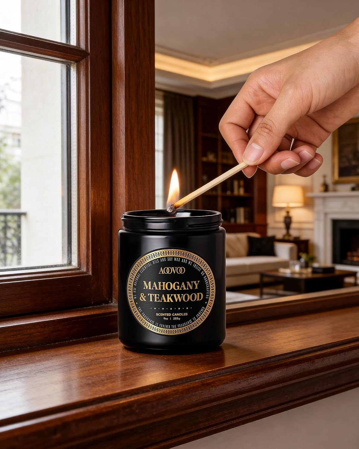 AOOVOO Scented Candles for Men - Mahogany & Teakwood Candles for Home Scented | Soy Candles | Strong Fragranced Masculine Black Candle Gift for Women & Men, 9oz