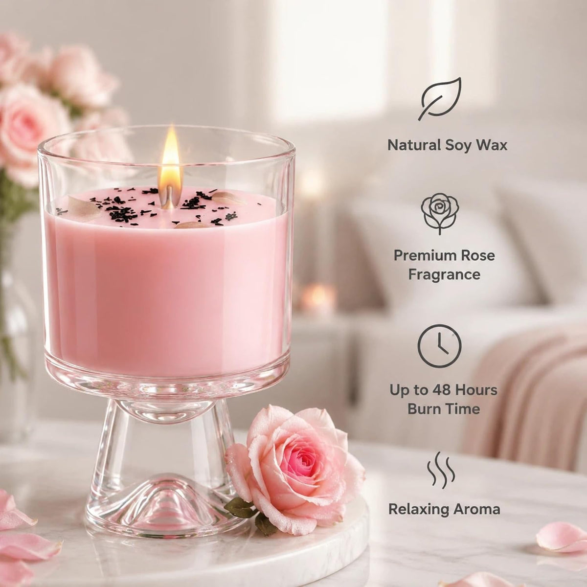 Soy Candle, Rose &amp; Crystals, 48-Hour Burn, Aromatherapy