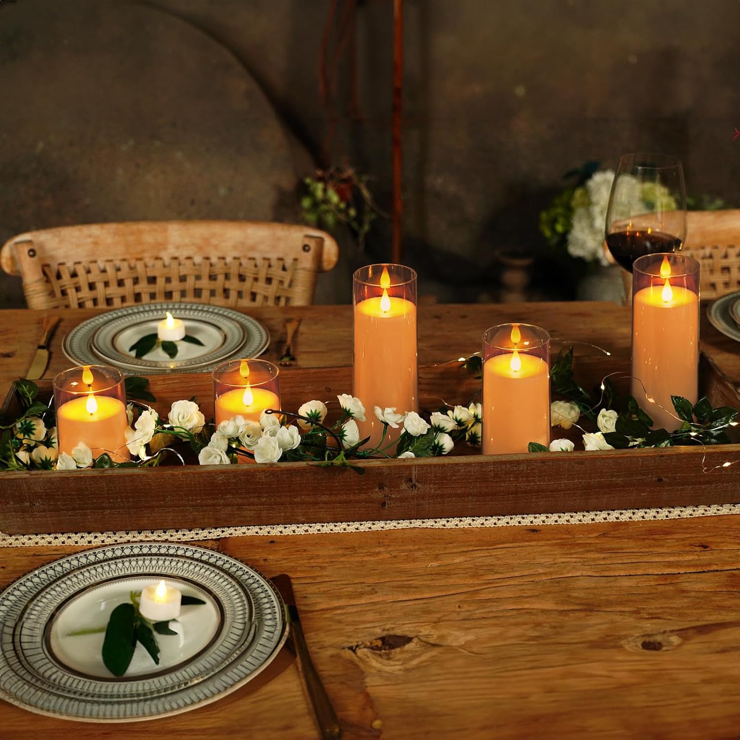 Homemory Amber Flickering Flameless Candles, Battery Operated Acrylic LED Pillar Candles with Remote Control and Timer, Fall Candles, Set of 5
