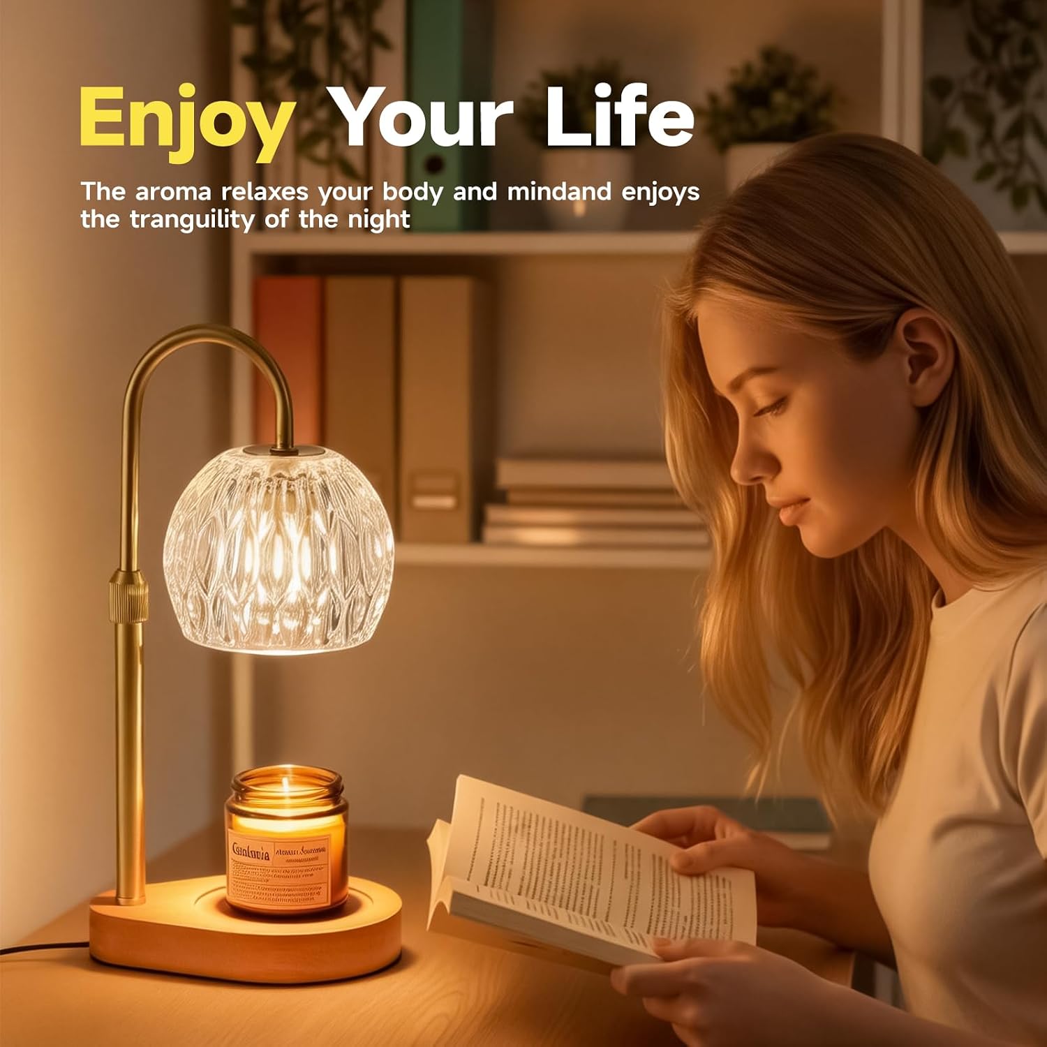 WEILASA Candle Warmer Lamp Crystal Glass Shade, Electric Candle Melter with Adjustable Wooden Bottom seat for Home Warm Home Decoration Gifts-Gold