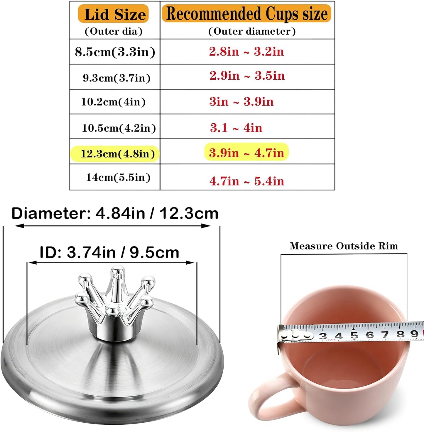 4.8 Inch Stainless Steel Universal Lid, Multipurpose Cover for Soup Bowls, Large Mugs, Chai Tea Cups, Candle Jars, and Outdoor Drinks, 12.3CM