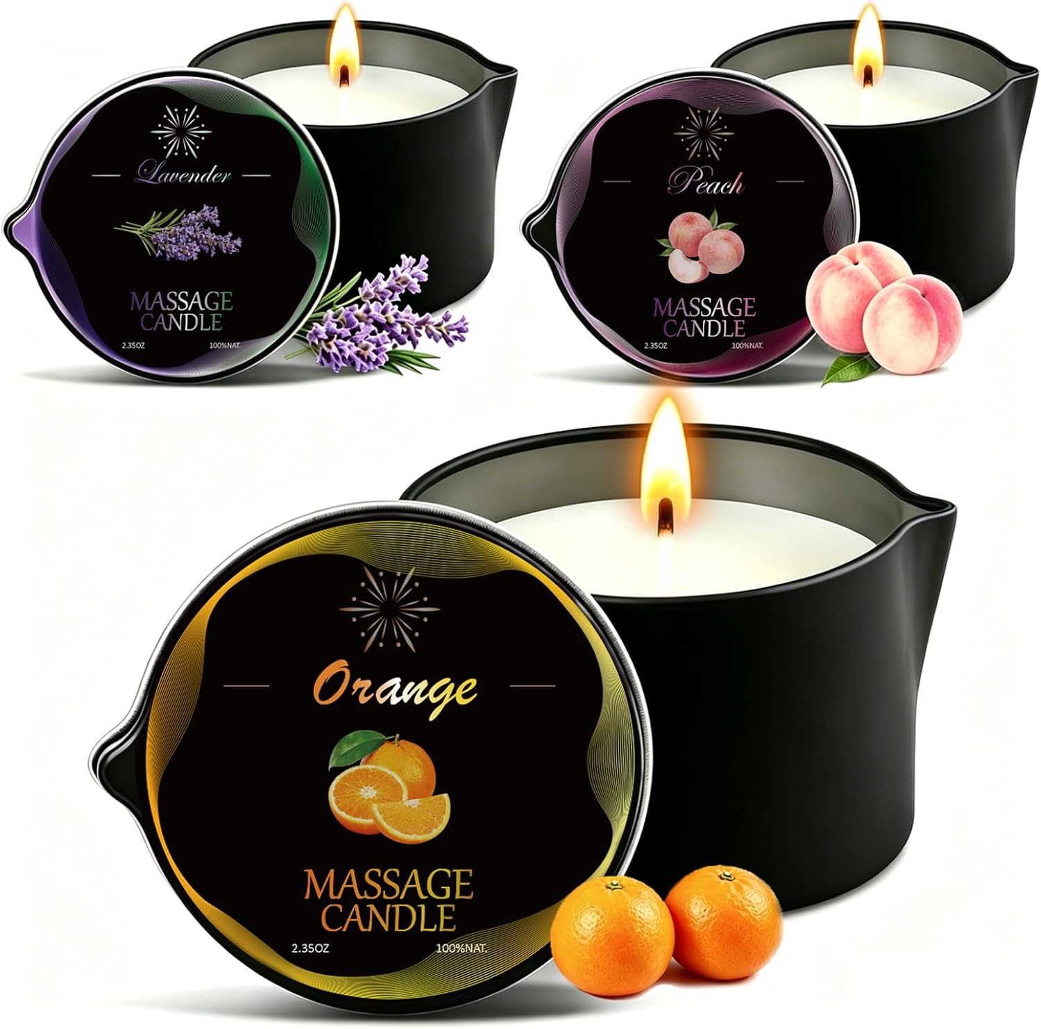 3 Pack Massage Oil Candles Set Low Temperature Soy Wax Candles for Therapy Spa Therapy Body Oil, Relaxation & Skin Moisturizing, Scents Gift,Stress Relief - (2.35oz, Lavender, Tangerine, Peach)