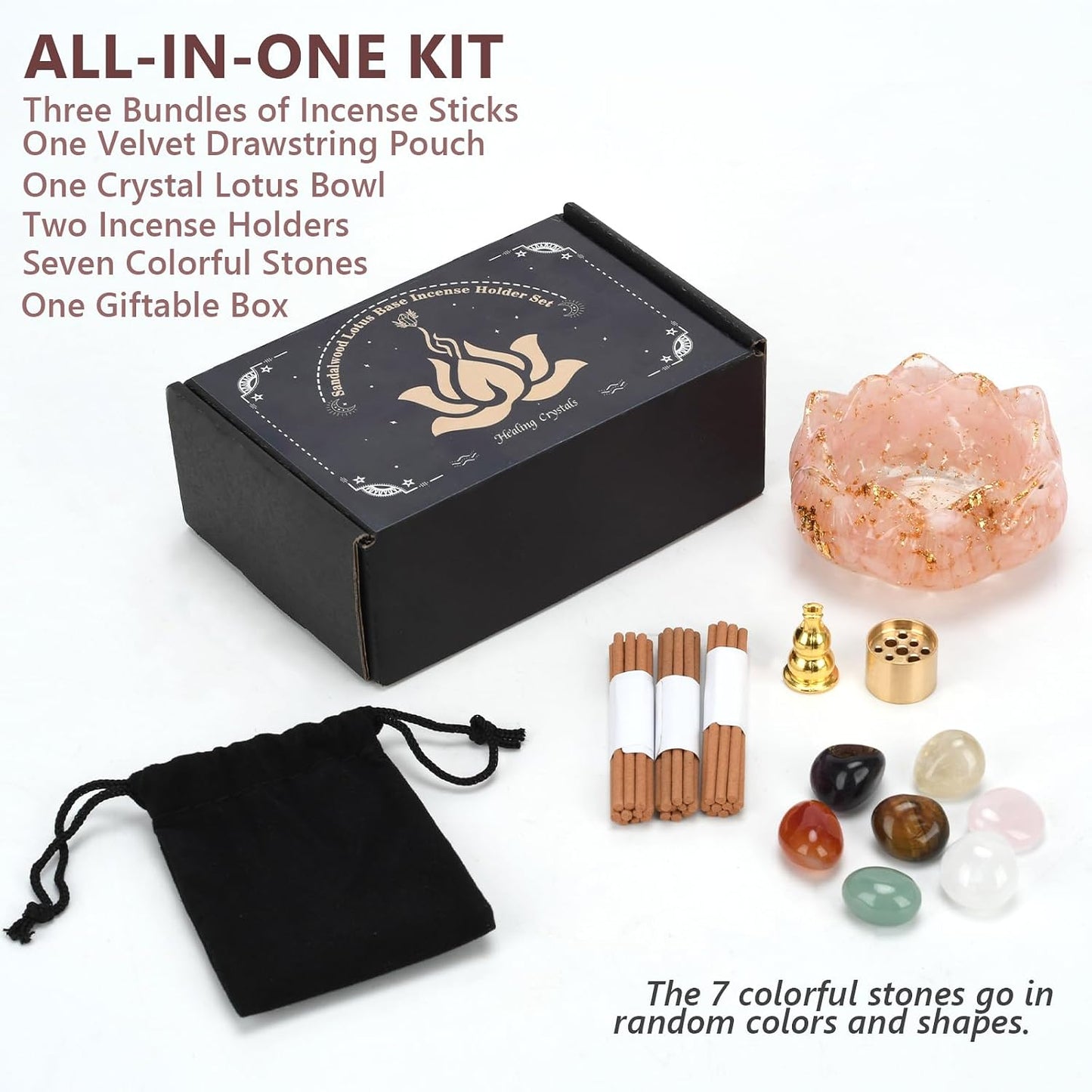 Crystal Lotus Bowl Incense Holder Set with Crushed Crystal Resin Bowl, Decorative Stones, Incense Sticks, Velvet Pouch, Gift Box, 3.0x3.0x1.55 Inch (Pink)