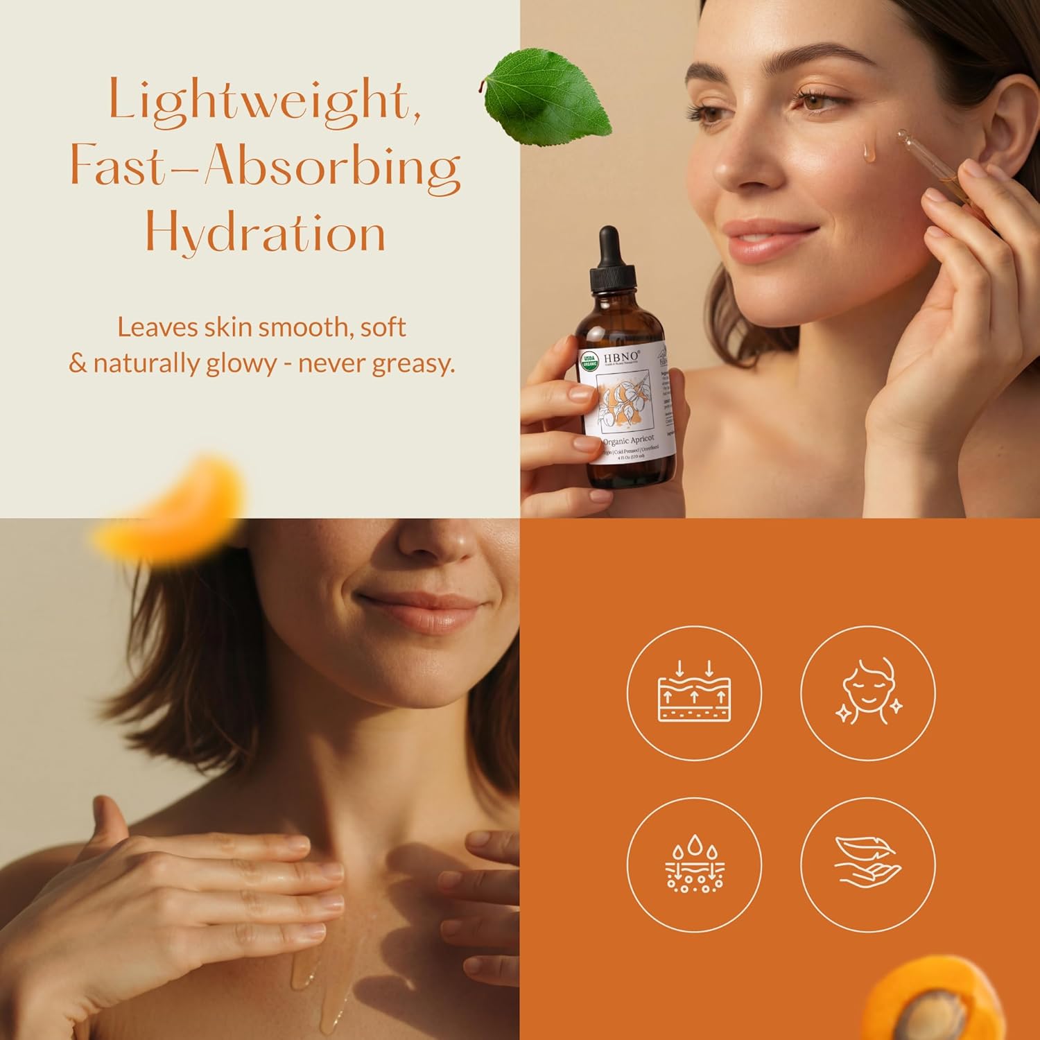 HBNO Organic Virgin Apricot Oil - 4 oz (120ml) Value Size - Ideal for Shampoos, Conditioners, Lip Balms, Face wash, Lotions, and Skin Care Products.