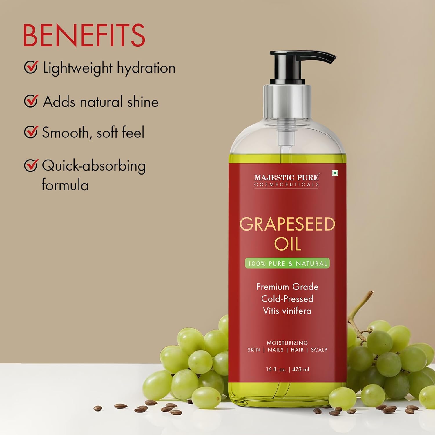 Majestic Pure Grapeseed Oil - 100% Pure & Natural - Premium Grade, Cold-Pressed, Hexane-Free Carrier Oil for Skin, Hair and Body - Moisturizing Skin, Hair and Scalp - 16 Fl Oz