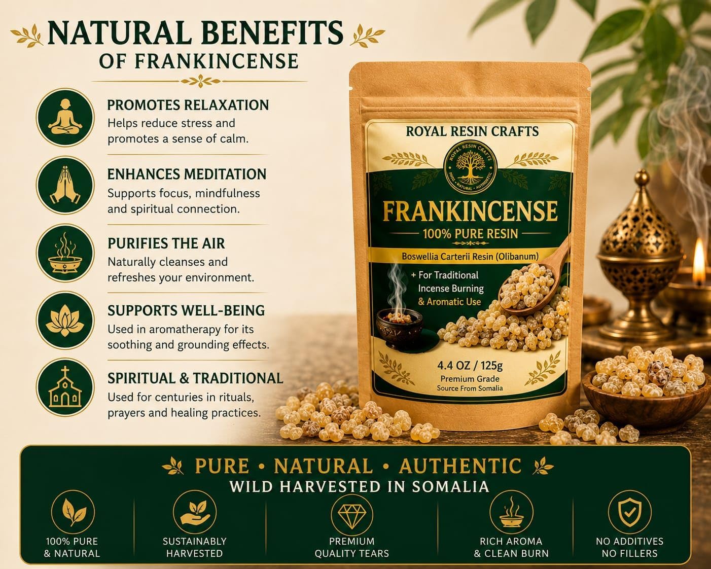Premium Organic Frankincense Resin (Boswellia Carterii) – 125 g / 4.40 oz Wild-Harvested Olibanum – Pure Incense Resin for Aromatic Burning, Spiritual Rituals & Home Ambiance – Royal Resin Crafts