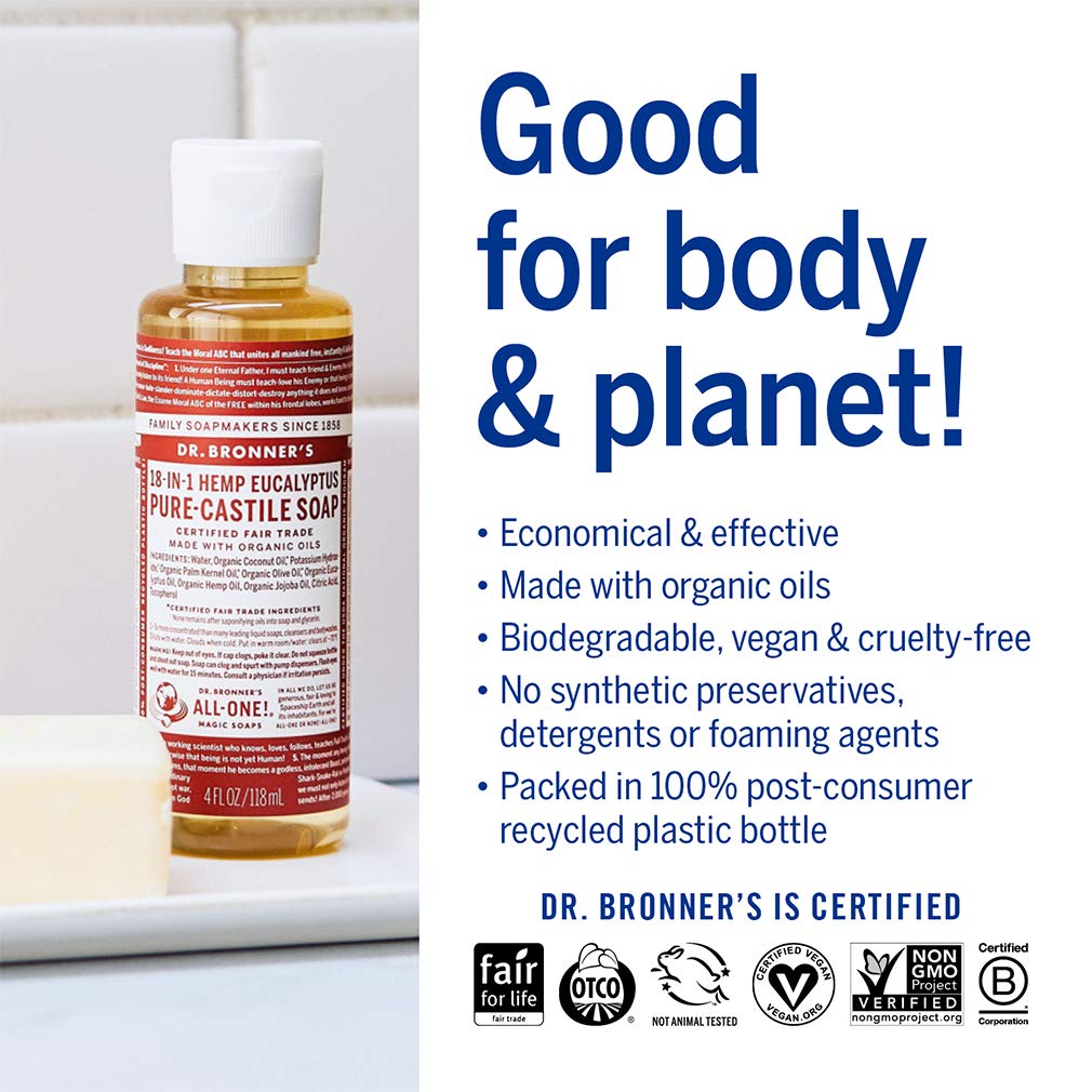 Dr. Bronner's - Pure-Castile Liquid Soap (Eucalyptus, 4 ounce) - Made with Organic Oils, 18-in-1 Uses: Face, Body, Hair, Laundry, Pets and Dishes, Concentrated, Vegan, Non-GMO