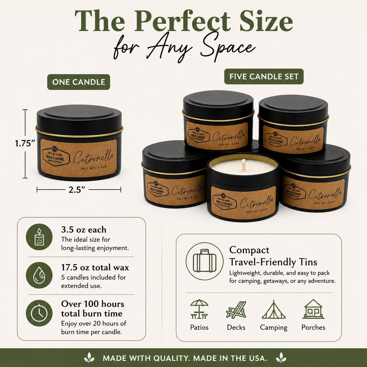 Citronella Soy Wax Candle Set, 5 Pack 3.5 oz Tins, Highly Scented Outdoor Decor for Patio, Deck, Camping & Backyard Gatherings, Hand Poured in USA