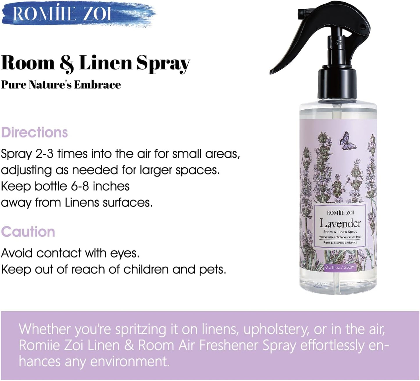 ROMIIE ZOI Linen & Room Air Freshener Spray Room Mist, with Natural Plant Extract, Lavender Scent, 8.5 FL OZ.