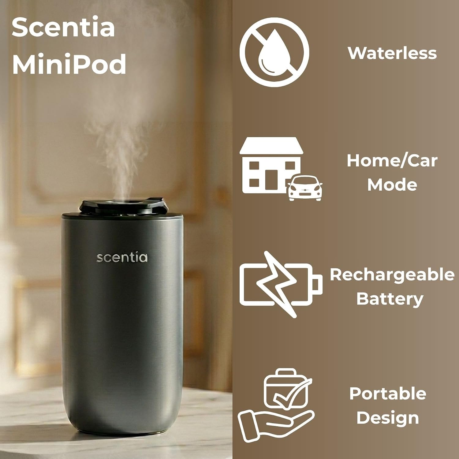 Scentia MiniPod Black Waterless Diffuser for Essential Oil, Smart Car Air Freshener with 3 Mist Levels & 3 LED Light Colors, Auto On/Off Rechargeable, Portable Scent Air Machine