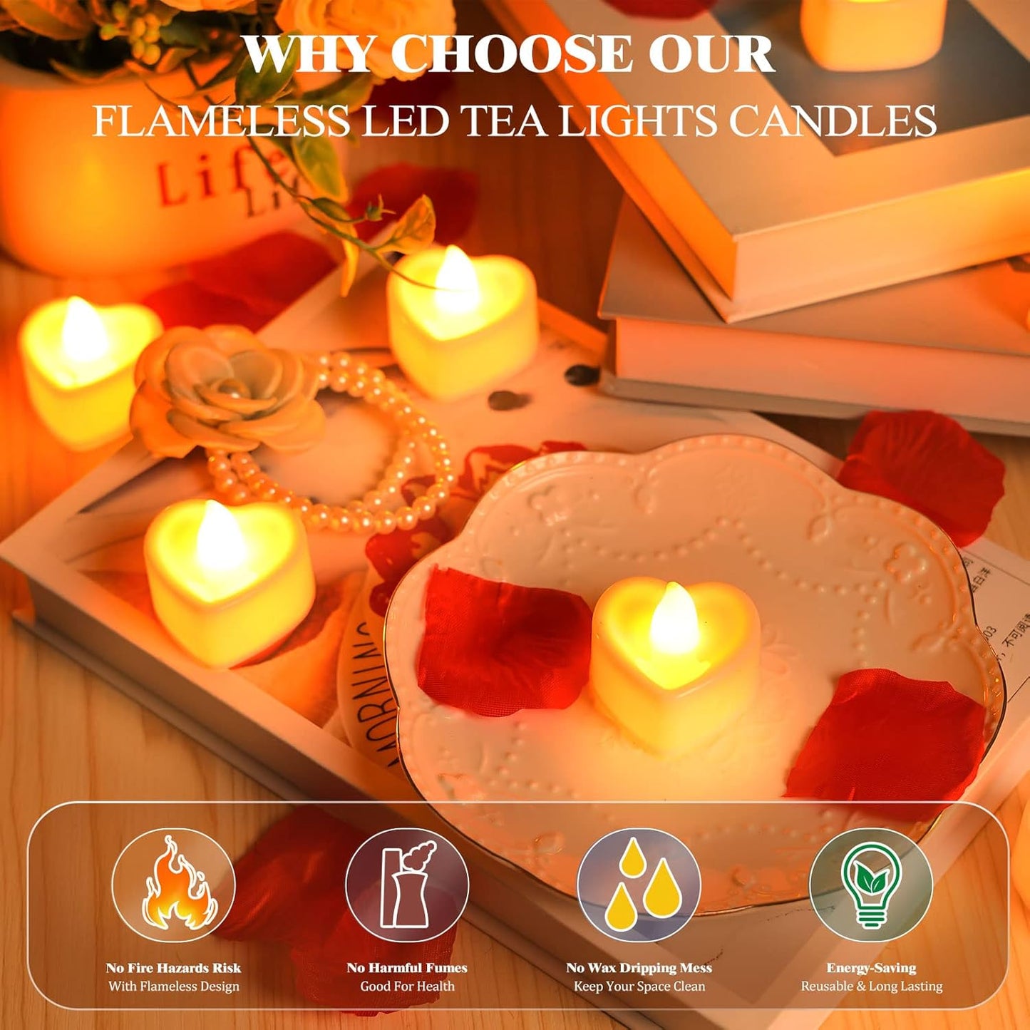3000 Pcs Artificial Rose Petals with 48 Pcs Heart Flameless Candles Battery LED Tea Lights Candles Set Valentine's Day Wedding Anniversary Decoration