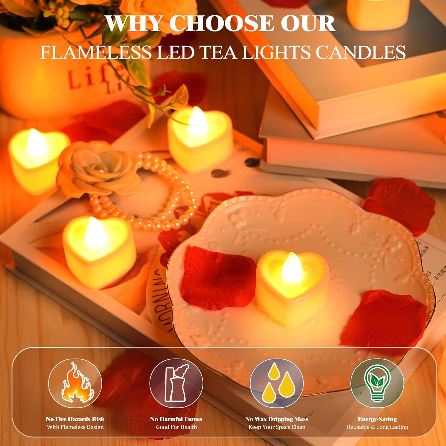3000 Pcs Artificial Rose Petals with 48 Pcs Heart Flameless Candles Battery LED Tea Lights Candles Set Valentine's Day Wedding Anniversary Decoration