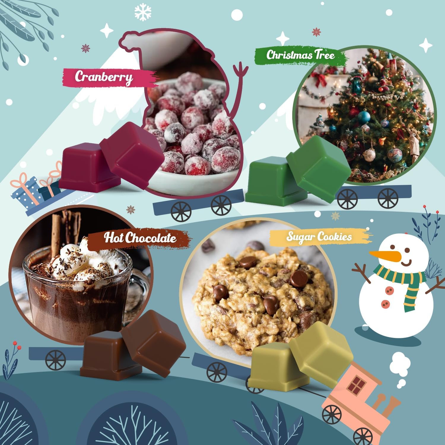 Salubrito Winter Scented Wax Melts, Strong Scented Soy Wax Cubes/Tarts Variety Set - Christmas Tree, Gingerbread, Candy Cane, Spiced Cider, Cranberry, Apple Cinnamon, Sugar Cookies, Hot Chocolate