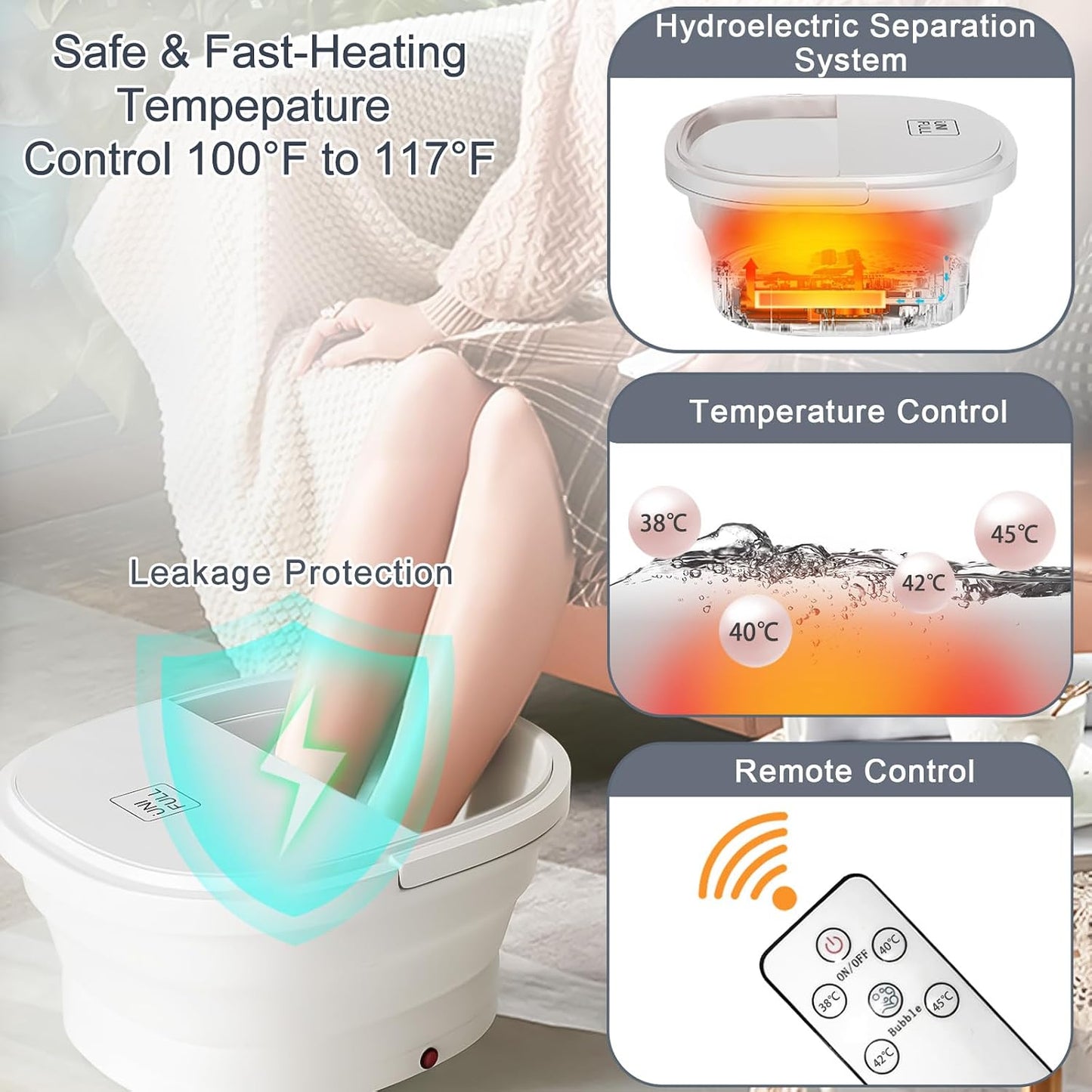 UNIFULL Foot Spa Bath with Heat and Temperature Control, Massager Roller, Bubble, Remote Control, Pedicure Kit, Red Light, Large Heating Foot Bath-White