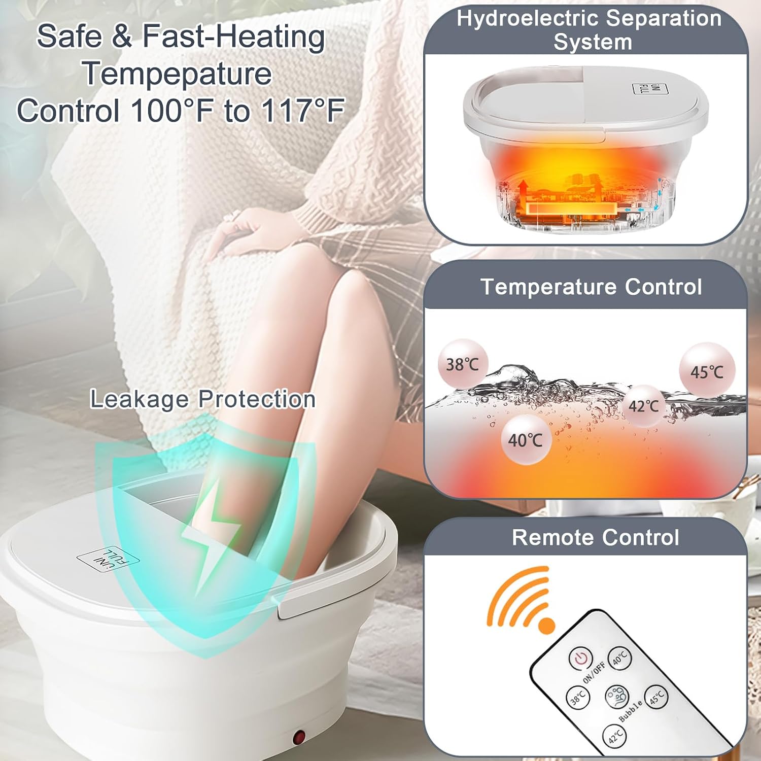 UNIFULL Foot Spa Bath with Heat and Temperature Control, Massager Roller, Bubble, Remote Control, Pedicure Kit, Red Light, Large Heating Foot Bath-White