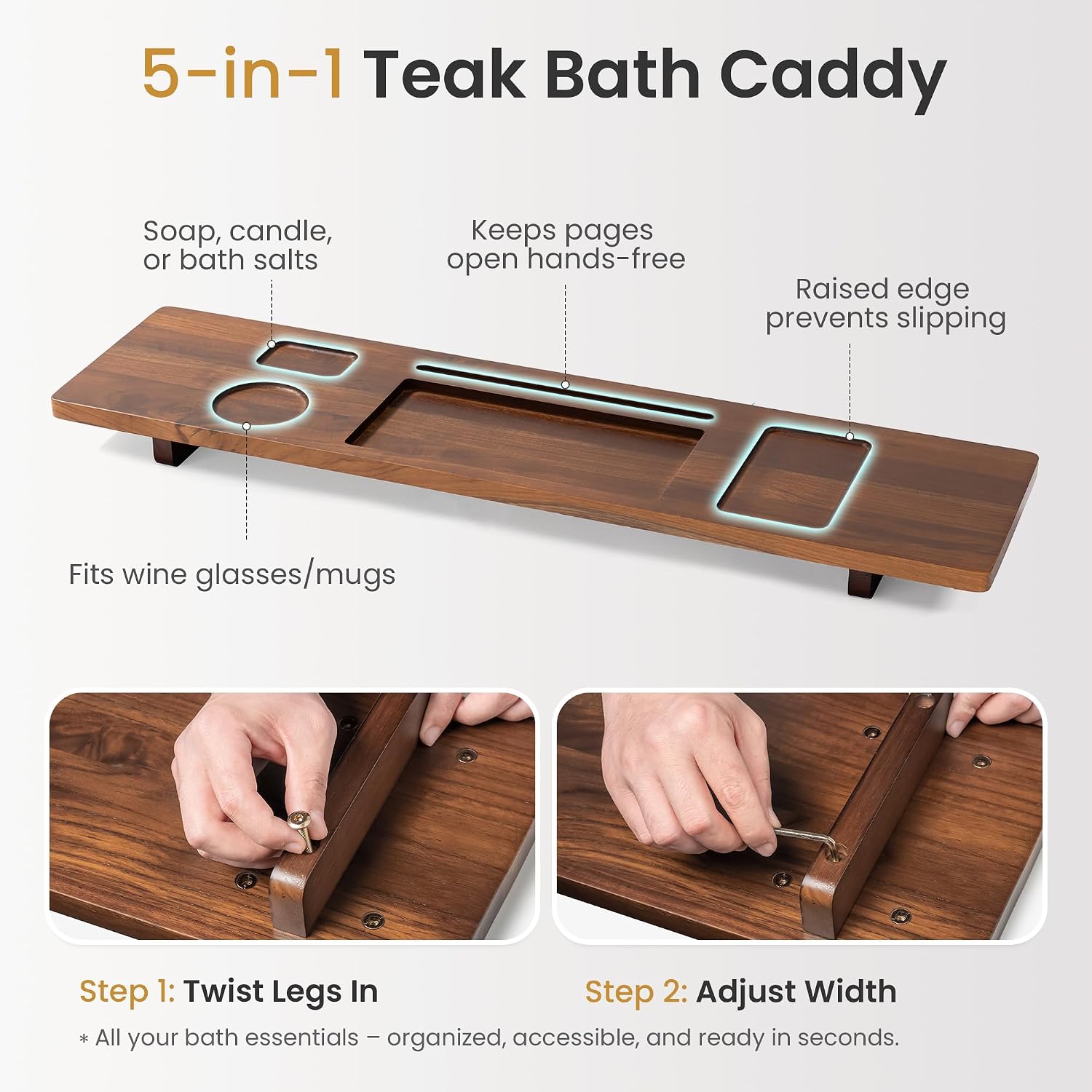 Teak Bathtub Tray for Freestanding Tubs - 35" Heavy-Duty Luxury Bath Caddy, Non-Slip Zero-Wobble Design, Water-Resistant Spa Organizer with Wine Glass & Phone Holder