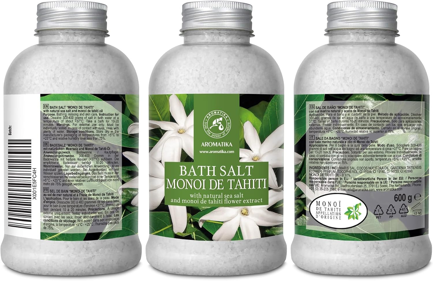 AROMATIKA Bath Salt Monoi de Tahiti 21.16 Oz (600g) - Coconut and Gardenia Flowers Scent - Relaxing Bath - Good Sleep - Aromatherapy - Sea Salt Bath