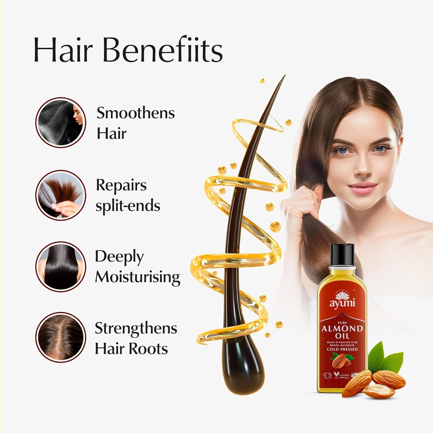 Ayumi Sweet Almond Oil with Vitamin E | Natural Stretch Mark Oil for Scar Treatment | Almond Hair Oil for Dry Hair | FaceOil for Dry Skin | Vegan NailOil & Cuticle Oil for Skin Care | 5.3 Fl oz