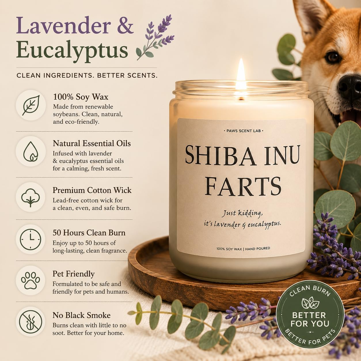 Shiba Inu Gifts & Decor, Dog Farts Candle, Dog Mom Gifts for Women - Lavender & Eucalyptus, Crafted by Natural Soy Wax & Natural Essential Oils, 7OZ