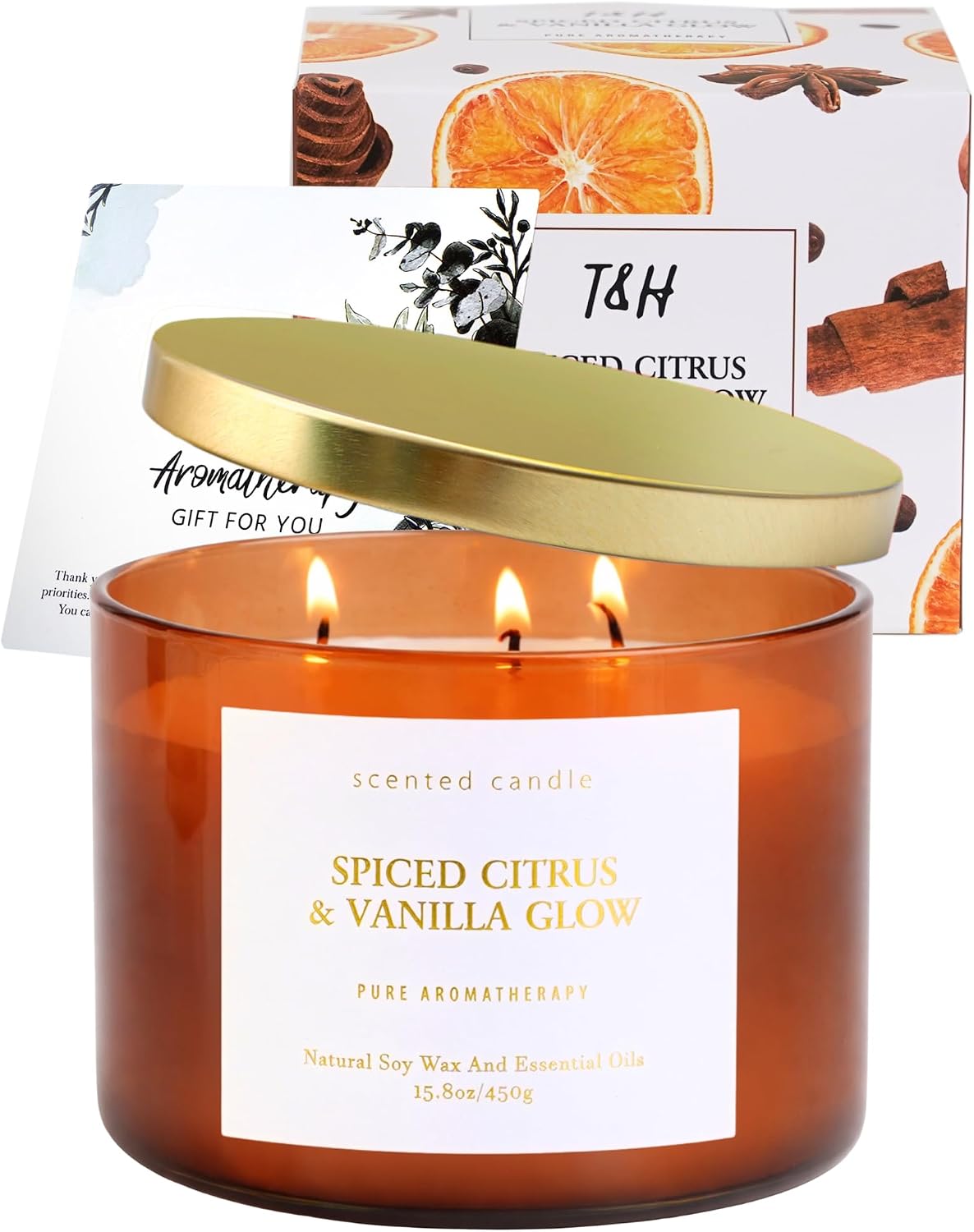 Spiced Citrus & Vanilla Glow Scented Candle | 3-Wick Large Soy Candle 15.8 oz | Highly Scented Cinnamon Aromatherapy Candle for Women & Men | Warm Cozy Home Scent | Clean Burn Long Lasting