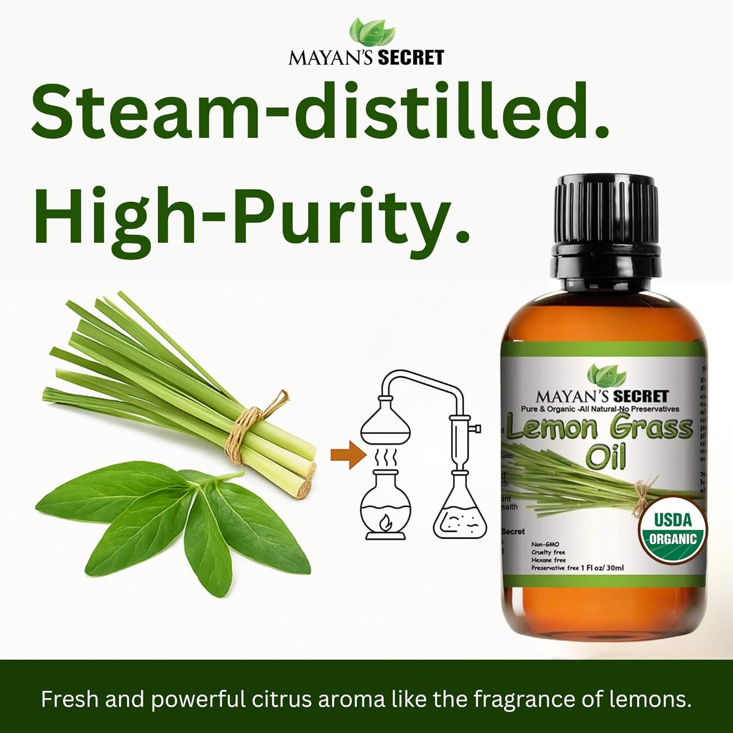 USDA Certified Organic Lemongrass Essential Oil (100% Pure & Natural - UNDILUTED) 1oz Amber Glass Bottle
