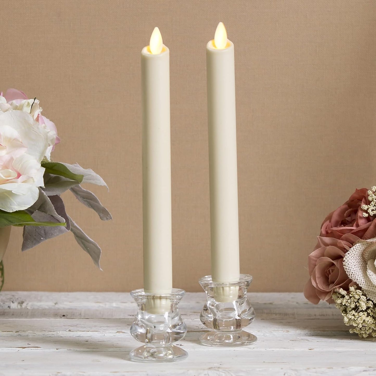 Luminara Set of 2 Moving Flame LED Taper (1x9.75), Flameless Candle, Melted Edge, Smooth Wax, Unscented (White)