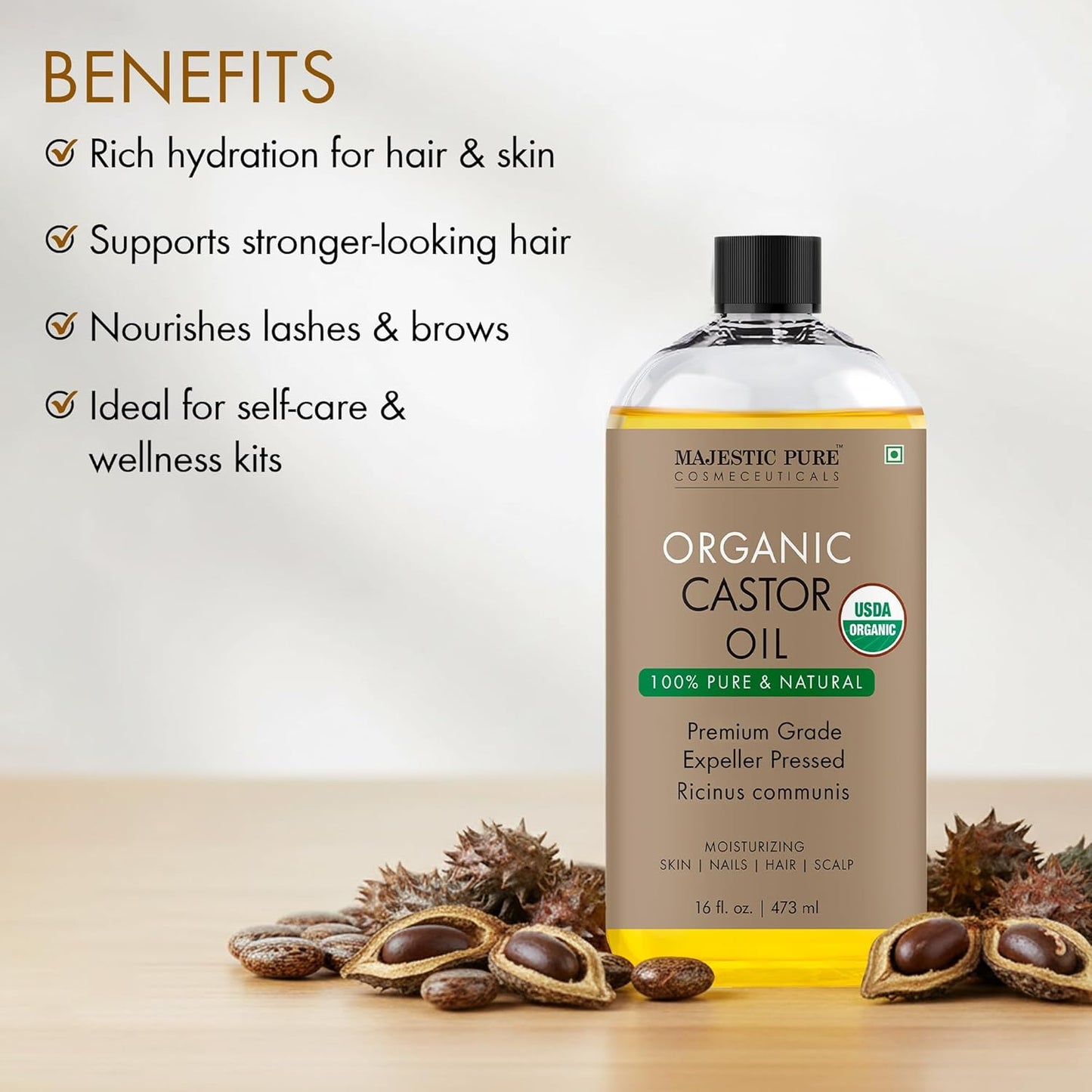 Majestic Pure Oil - 100% Pure and Natural- Cold Pressed & Hexane Free Natural Hair Growth Oil for Eyelashes, Eyebrows, Skin, Body, Face, Nails & Scalp - Organic Castor Oil 16 Fl Oz