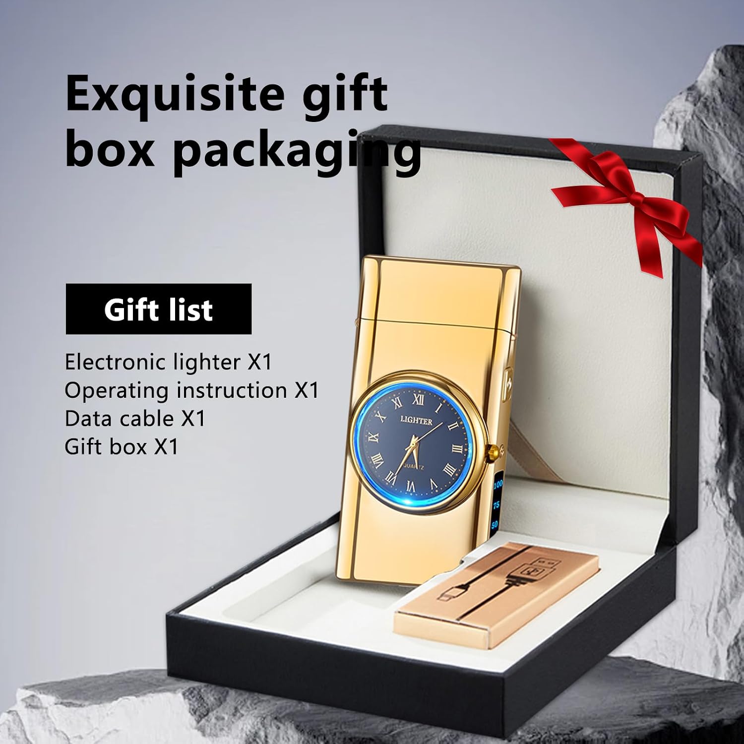 Windproof Dual Arc USB Rechargeable Clock Plasma Lighter with LED Display Lighter for Camping, Hiking, Candles, Barbecues and Outdoor Adventures Carry(Gold)