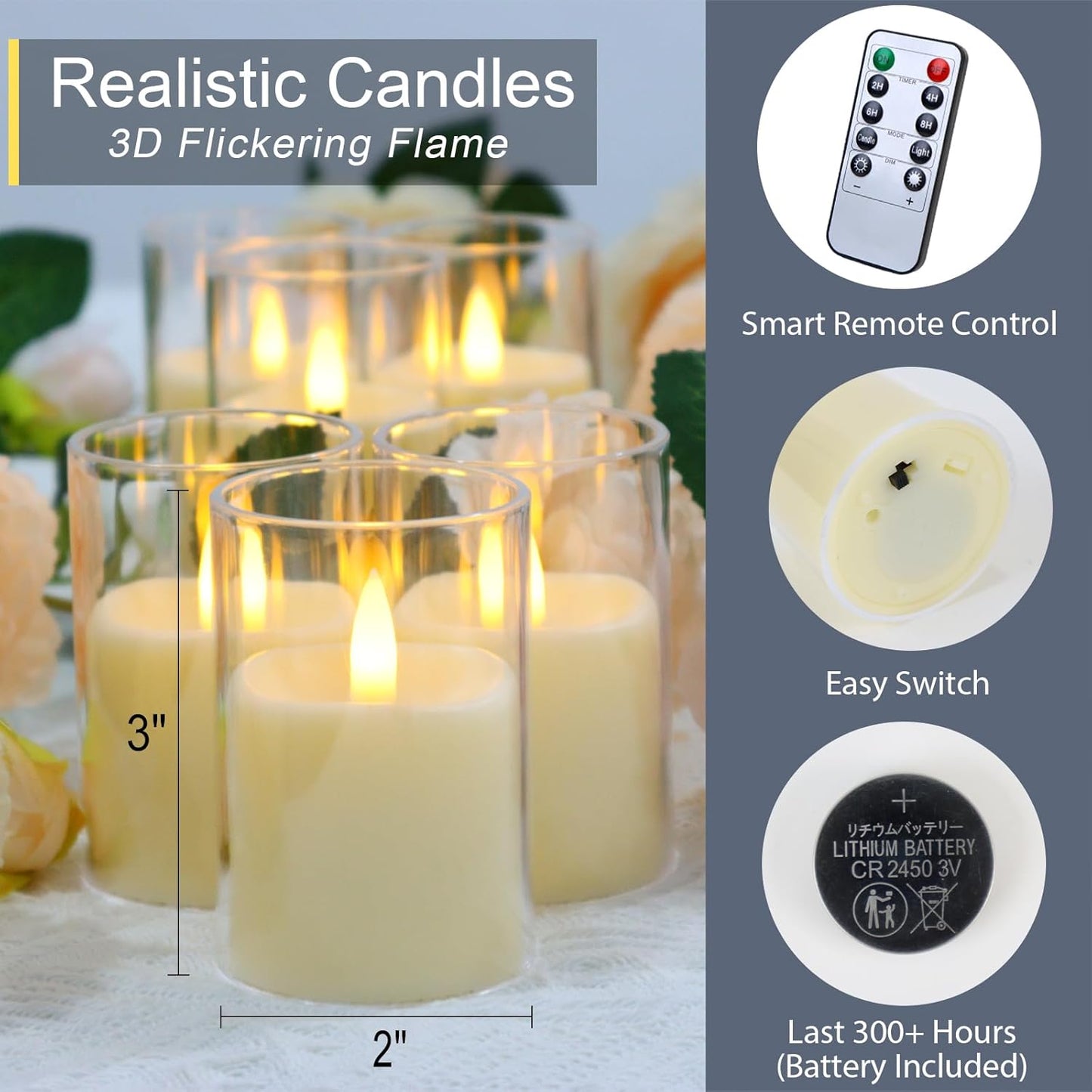 6 Pack Flickering Flameless Votive Candles with Timer and Remote, Battery Operated Long Lasting 300+ Hours, Small Pillar LED Fake Candles for Wedding Home Decor, Acrylic Shell, 2" x 3"