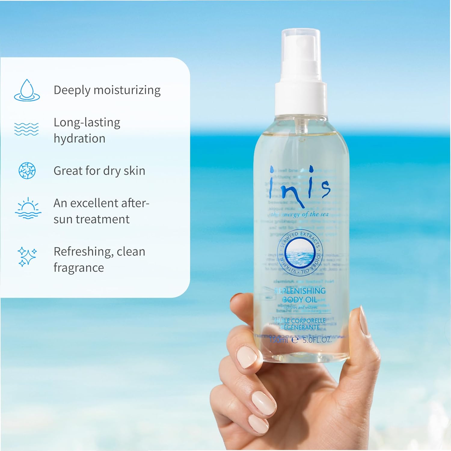 Inis the Energy of the Sea - Replenishing Body Oil Spray for Women and Men, Fast-Absorbing Jojoba and Seaweed Moisturizer, After Shower Dry Body Oil with Vitamin E, 5 fl oz