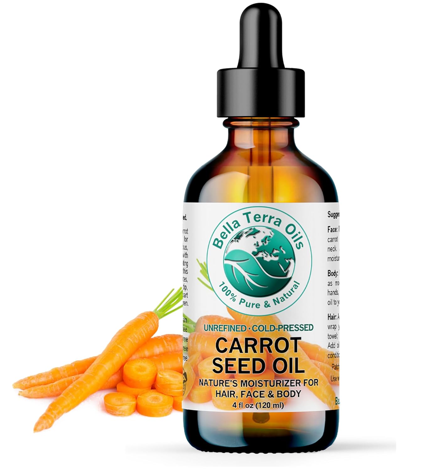Bella Terra Oils - Organic Carrot Seed Oil 4 oz - Dive into Carotene's Natural Power, High in Essential Fatty Acids, Experience Luxurious Skin Nourishment