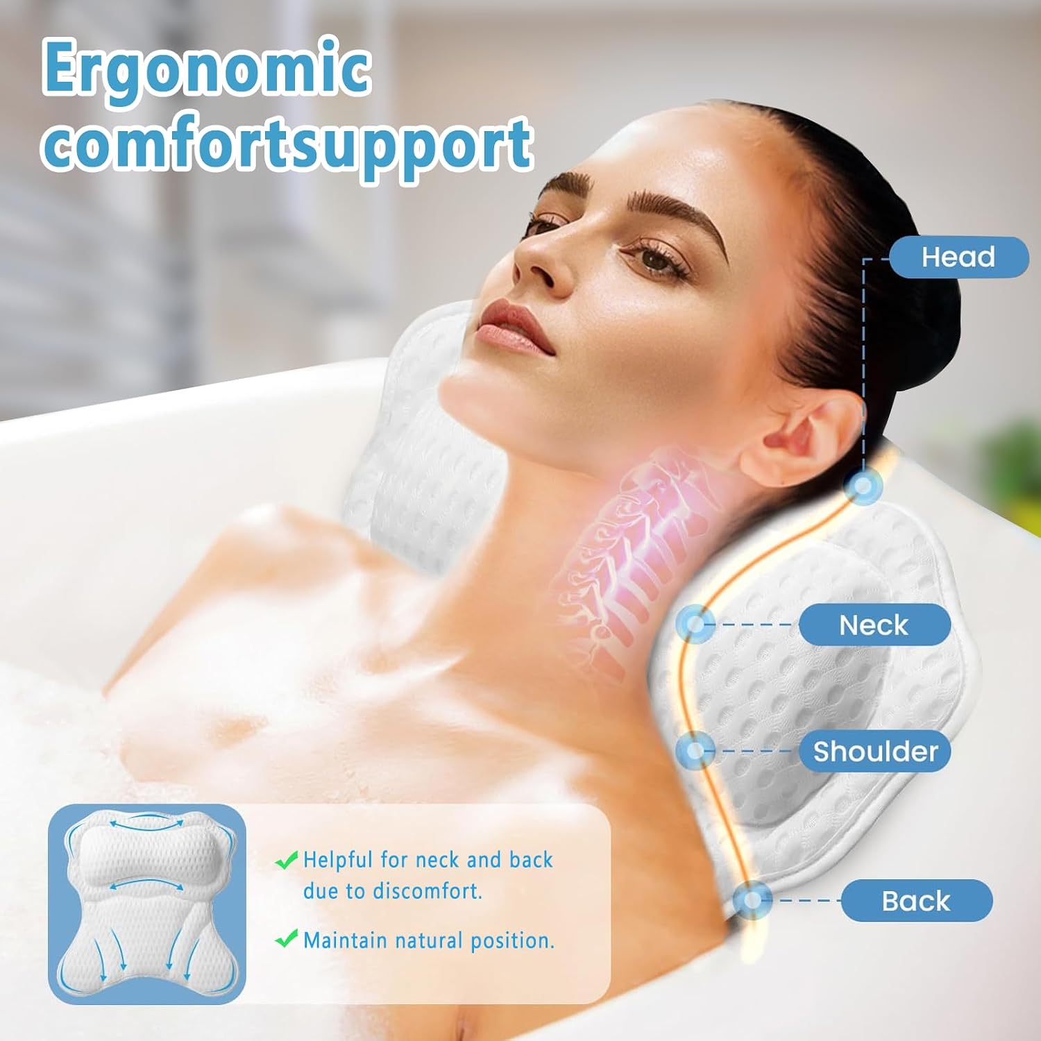 Luxury Bathtub Pillow, 4D Air Mesh Soft Bath Pillows for Tub, Ergonomic Neck & Back Support, Non-Slip Suction Cups Head Neck Support Hot Tub Pillow, Spa Bath Accessories Gift for Women White