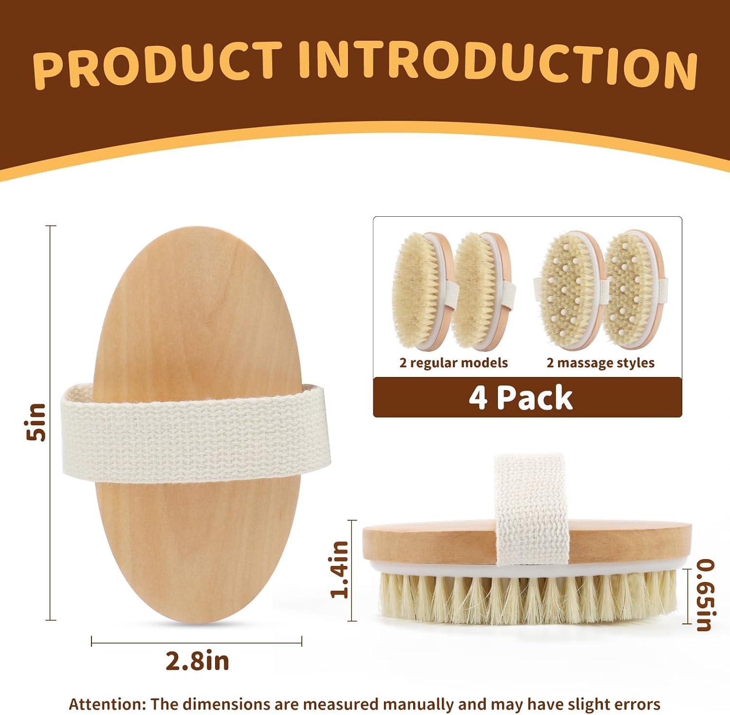 SAMEBUTECO 4 Pack Dry Body Brushing Brushes, Natural Bristle Exfoliating Scrub Brushes with Massage Nodes for Lymphatic Drainage, Skin Firming, Acne Treatment, and Cellulite Reduction