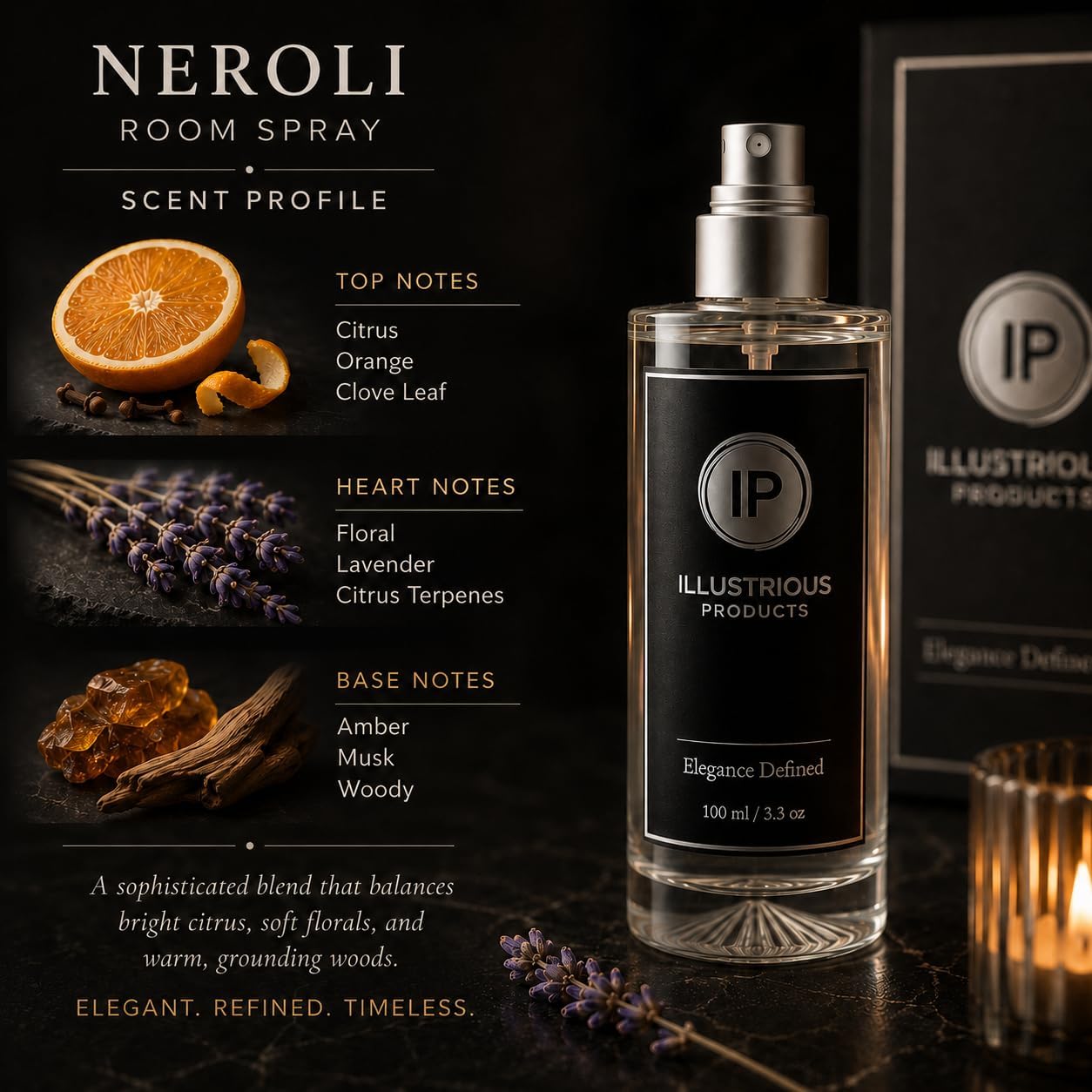 Neroli Room Spray for Home – Luxury Long-Lasting Fragrance Mist, Citrus Floral Woody Scent, Premium Glass Bottle & Gift Box, Fine-Mist Sprayer, Made in USA, 3.3 fl oz / 100 ml