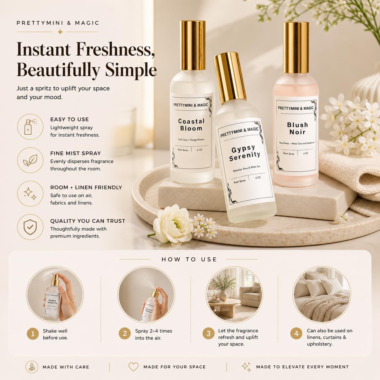 Room Spray 4oz – White Orris and Sandalwood Scent for Home, Bedding, Pillows & Sheets – Calming Air Refresher, Cozy Home Scent Spray, Mini Room Spray for Bedrooms & Living Spaces