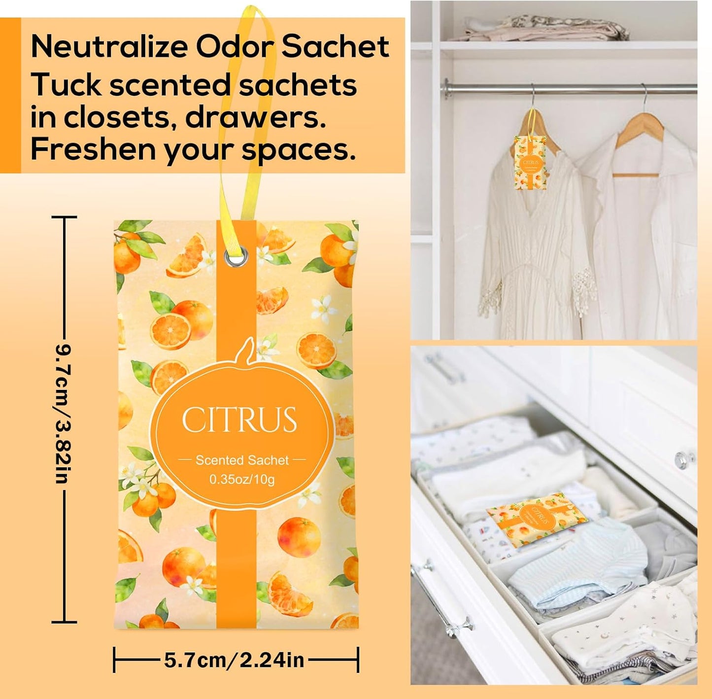 SCENTORINI Scented Sachets for Drawers and Closets, Citrus Scent 14 Pack, Home Fragrance Sachets Bags Wardrobe Freshener for Dresser, Closets, Clothes Storage, Small Space, Suitcases