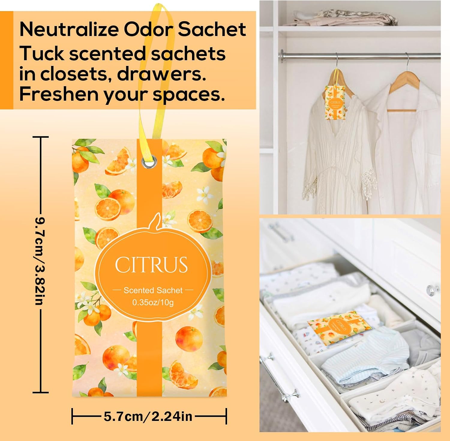 SCENTORINI Scented Sachets for Drawers and Closets, Citrus Scent 14 Pack, Home Fragrance Sachets Bags Wardrobe Freshener for Dresser, Closets, Clothes Storage, Small Space, Suitcases