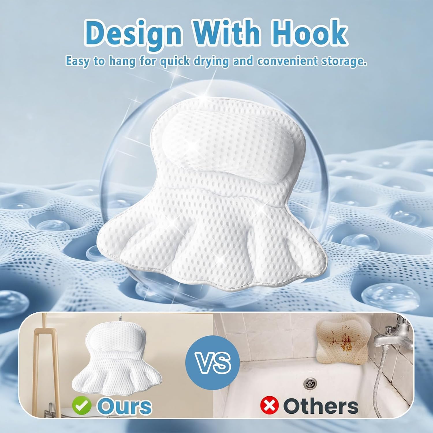Luxury Bathtub Pillow, 4D Air Mesh Soft Bath Pillows for Tub, Ergonomic Neck & Back Support, Non-Slip Suction Cups Head Neck Support Hot Tub Pillow, Spa Bath Accessories Gift for Women White
