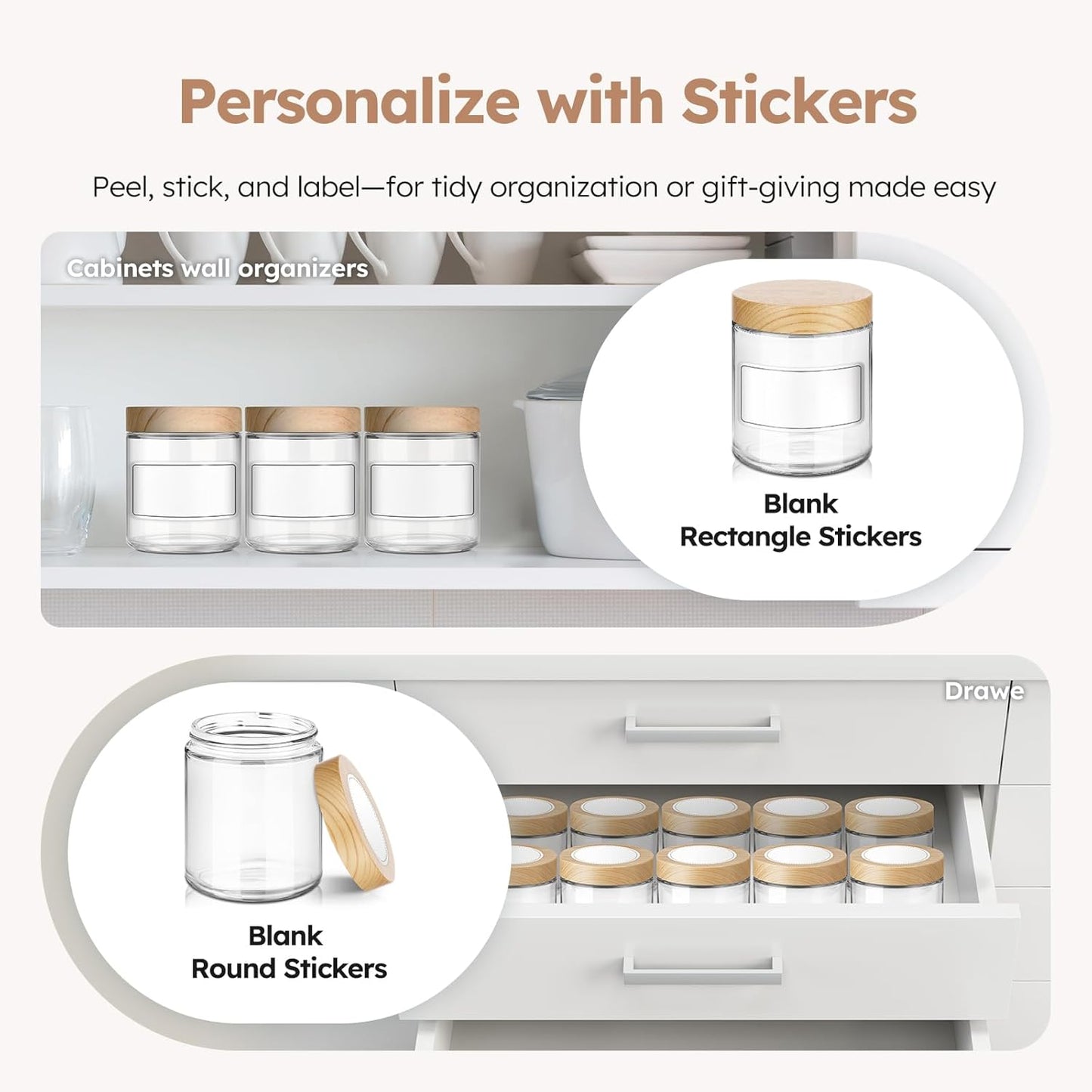 Tecohouse 8oz Glass Jars with Plastic Woodgrain Lids, 3 Pack Candle Jars with Blank Labels, 250g Clear Glass, Wide Mouth | Cosmetic Containers for Sample, Cream, Lotion, Honey, Powder, Jelly